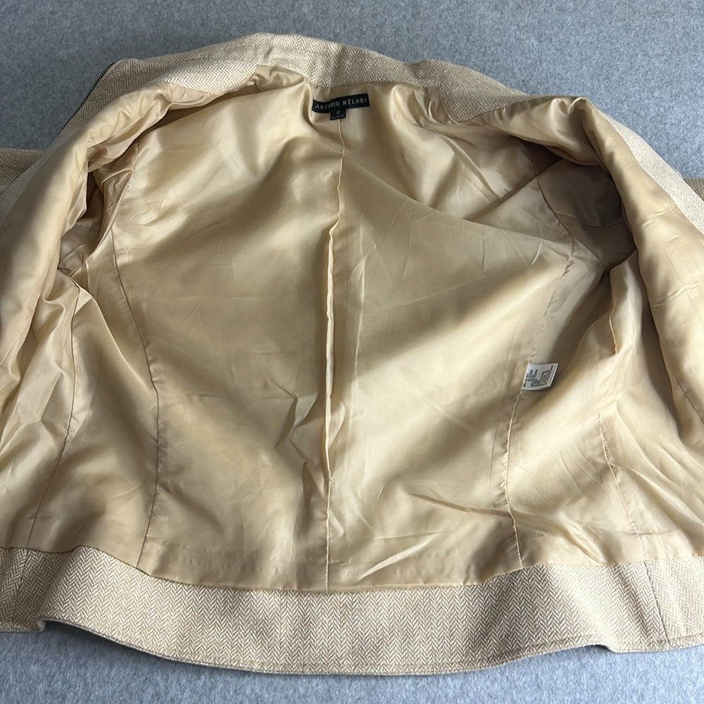 Antonio Melani Womens Size 12 Wool Silk Blend Herringbone Tan Cream Lined Jacket - Picture 13 of 15
